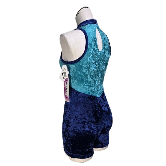 Gilda Marx VTG 90s High Neck Velvet Keyhole Biketard Unitard Dance Blue XS (Y/J) - Picture 9 of 16